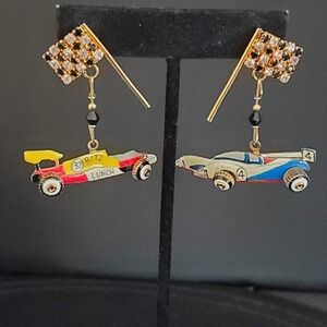 Lunch at the Ritz Race Car Earrings Checkered Flag Enamel Rhinestone Indy 500
